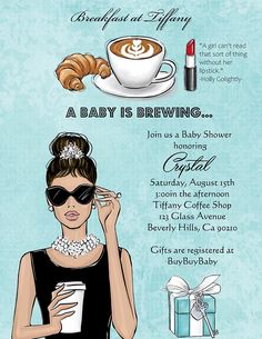 an advertisement for a baby shower featuring a woman drinking coffee and holding a cup of coffee