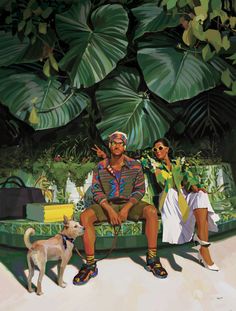 a painting of two people sitting on a bench next to a dog and a banana tree
