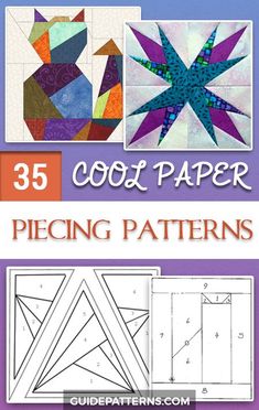 the book cover for 35 cool paper piecing patterns, with pictures of different shapes and sizes