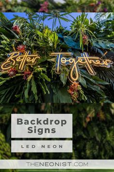 a sign that says, back drop signs led neon in front of some plants and trees