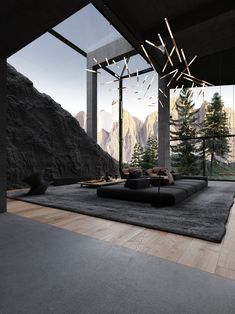 a living room with mountains in the background