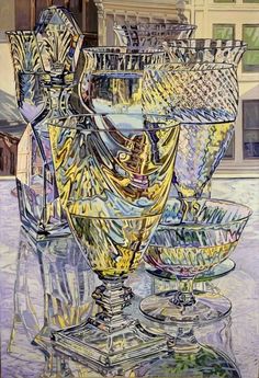 a painting of some glass bowls on a table