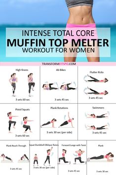 a woman doing an intense total core muffin top melter workout for women with the instructions