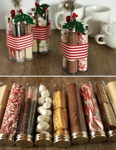 some jars filled with different types of candy canes and marshmallows in them