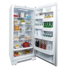 an open refrigerator filled with lots of food and drinks on it's doors,