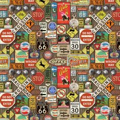 a lot of traffic signs that are on the side of a wallpapered wall