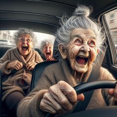 an old woman driving with two older women behind her