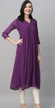 Nice Purple  Color Chiffon V-Neck Gathered Midi Kurti