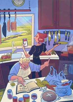 a painting of a man and woman cooking in the kitchen