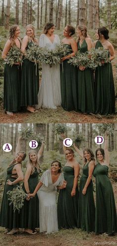 the bridesmaids are wearing green dresses and holding their bouquets in each other's hands