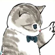 a drawing of a cat wearing a bow tie and holding something in its paws with both hands