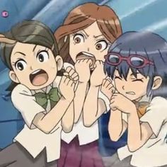 two girls and one boy are making faces in front of an animated screen with their hands together