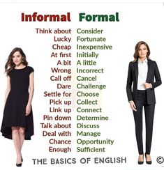 two women in business attire standing next to each other with the words formal and informal