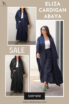 The Eliza Cardigan Abaya is the perfect choice for a stylish and modest look. This elegant robe cardigan abaya features a satin finish that is perfect for any occasion. The long dress design and Moroccan-inspired design make it a must-have for Muslim women. Look fashionable and elegant in this kaftan jalabiya that is perfect for parties and evening events. Cardigan Abaya, Kid Friendly Vacations, Vacation House, Long Dress Design, Moroccan Design