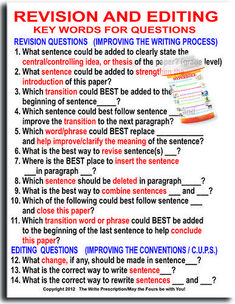 a poster with some writing on it that says, revision and editing key words for questions