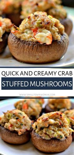 an image of crab stuffed mushrooms on a plate with text overlay that reads, quick and creamy crab stuffed mushrooms