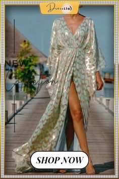 Fashion Printed Split Dress P11671 Long Dress Sleeve, V Neck Long Dress, Ankle Dress, Loose Maxi Dress, Dress Sleeve Styles, Travel Dress, Elegant Pattern, Long Sleeve Dresses, Spring Skirts