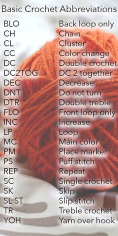 an orange ball of yarn with the words basic crochet abbreviations