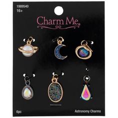 Upscale your look with fresh charms and jewelry accessories! Astronomy Charms come in a variety of fun astronomy-themed shapes and colors, including planets and a cozy crescent moon. Combine these pieces with a matching chain necklace, a leather strap, or a classy charm bracelet. Make the most of your next jewelry project by including plenty of interesting accents! Details: 	 Smallest Size: 15.4mm x 9.4mm 	 Largest Size: 19.5mm x 12.1mm 	 Material: Metal & Glass 	 Color: Blue, Purple, Pink & Iri Silver Card, Fiber Art Projects, Jewelry Charms Pendants, Floating Charms, Diy Crafts To Do, Print Coupons, Charms Jewelry, Fabric Bolts, Crafted Jewelry