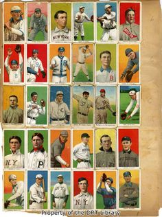 an old - fashioned baseball card shows the many players in each team's uniform