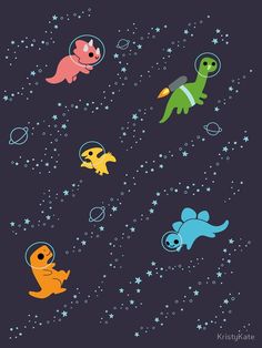 an image of some cartoon animals flying in the sky with stars and planets around them