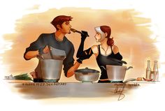 a man and woman are cooking together in the kitchen