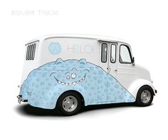 an ice cream truck with a smiling monster painted on it's side and the words hello