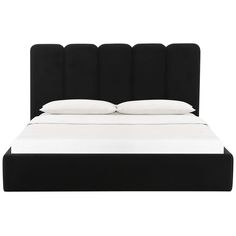 a bed with black headboard and white pillows on top of it, against a white background