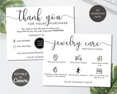 two business cards with the words, thank you for your purchase and instructions on them