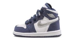 The Jordan 1 High Co. Jp TD “Midnight Navy” is the toddler sizing of a former Japan exclusive colorway of Michael Jordan’s first signature shoe.  Nike’s celebrated “Concept Japan” collection from the early 2000s returned on a global scale in 2020, marking the first time shoes like the “Midnight Navy” were made available to a wide audience of people.  As it was back then, the colorway remains fresh and versatile today.  A white leather construction on the perforated toe, mid-panel, and collar all Baby Jordan Shoes, Baby Nike Shoes, Toddler Nike Shoes, Baby Jordans, Blue Jordans, Baby Nike, Jordan Shoes Girls, Green Makeup