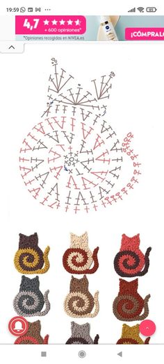 the crochet pattern for cats is shown in red, white and blue colors