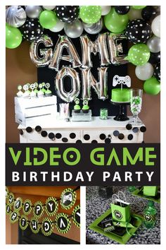 a video game birthday party with green and black decorations