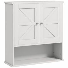 a white cabinet with two doors on the front and one door open to reveal it's interior