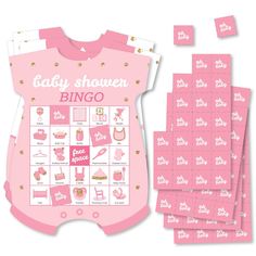 a pink baby shower game is shown with lots of stickers on the front and back