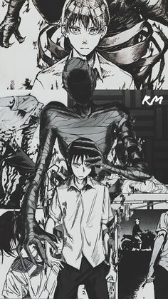 two anime characters standing next to each other in front of a black and white background