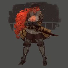 a drawing of a woman with red hair and armor