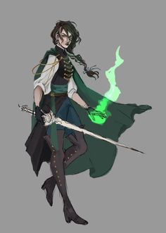 a drawing of a woman in costume holding a green light wand and wearing black gloves