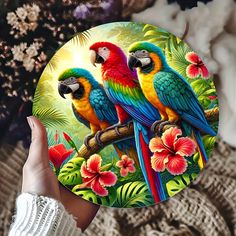 a person holding up a plate with two parrots on it and tropical flowers in the background