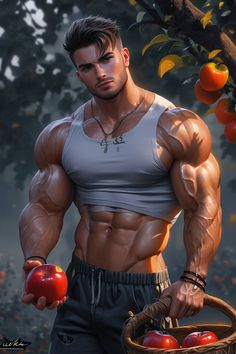 a man holding an apple and a basket of apples