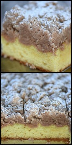 two pictures of a cake with powdered sugar on top