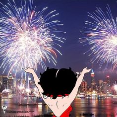 Cartoon character Betty Boop wearing red backless dress watching a fireworks display America Birthday, Patriots Day, 4th Of July Fireworks, The Hours, Fireworks Display, Vintage Film