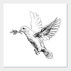 a black and white drawing of a bird with a twig in its beak eating