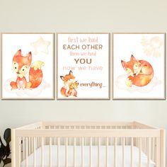 two pictures of a baby's nursery with the words first we had each other then we did you now we have everything