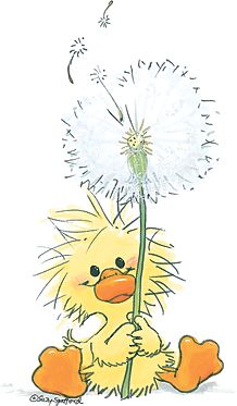 a drawing of a yellow duck holding a dandelion