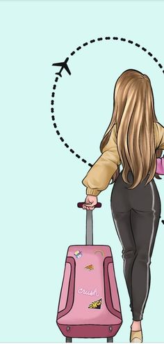 a woman with a pink suitcase is walking away from an airplane and has her back to the camera