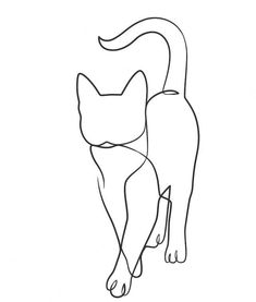 a black and white drawing of a cat with its tail curled up in the air