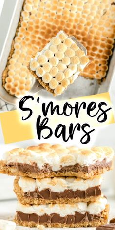 s'mores bars stacked on top of each other in front of a honeycomb