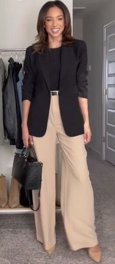 Black And Cream Outfits Classy, Spring Outfits Dinner Casual, Wide Leg Trousers With Blazer, Blazer With Trousers Women, Wide Leg Pants And Blazer Outfit, Beige Wide Leg Pants Outfit Winter, How To Style Beige Trousers, Tan Wide Leg Pants Outfit Work, Beige Work Pants Outfit