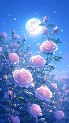 pink roses are blooming in front of the moon