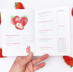 a hand holding an open planner with strawberries around it
